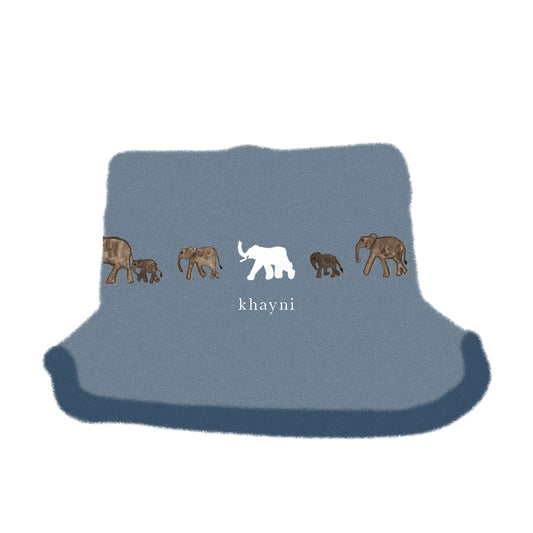 Organic cotton denim bucket hat with elephant embroidery