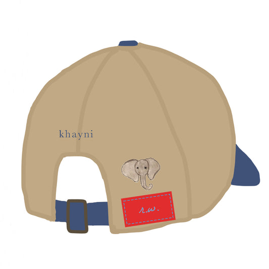 Organic cotton cap with baby elephant embroidery and leather patch detail