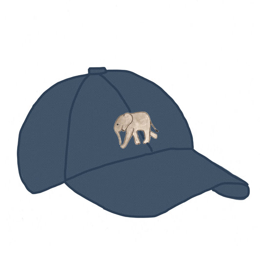 Organic cotton cap denim with baby elephant embroidery and leather patch detail