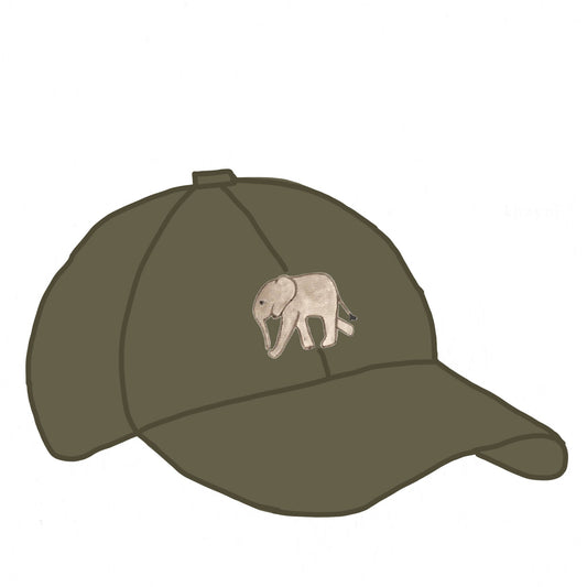 Organic cotton cap with baby elephant embroidery and leather patch detail