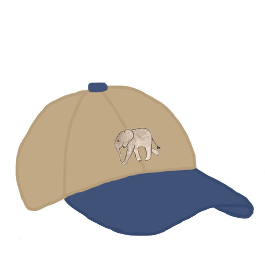 Organic cotton cap with baby elephant embroidery and leather patch detail